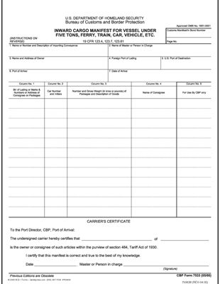 Inward Cargo Manifest 7533B