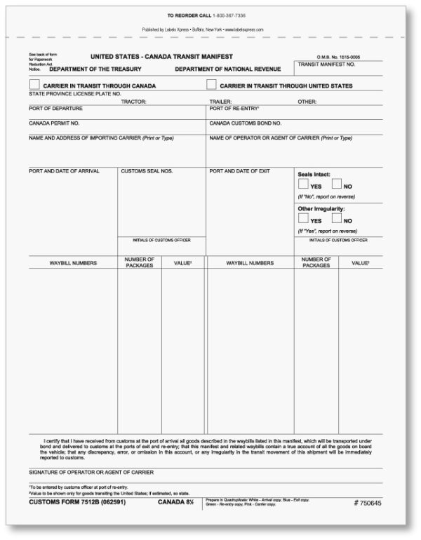 Transit Manifest - 7512B (4 part)